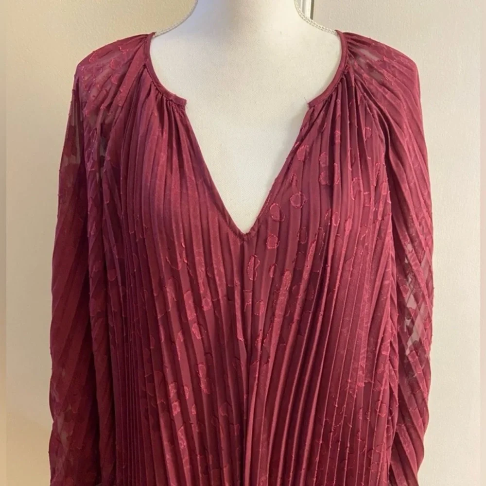 Anthropologie Wine Pleated High-Low Bell-Sleeve Dress Medium